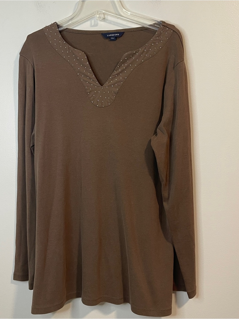 Lands' End Women's Chocolate Brown Long-Sleeve V-Notch Top with Stud Accent